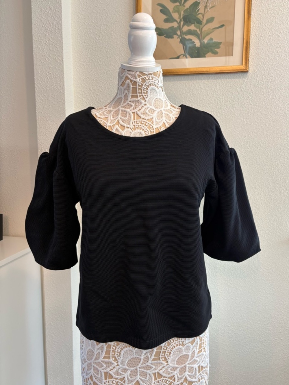 dolan Ribbed Black Puff Sleeve Blouse- size S